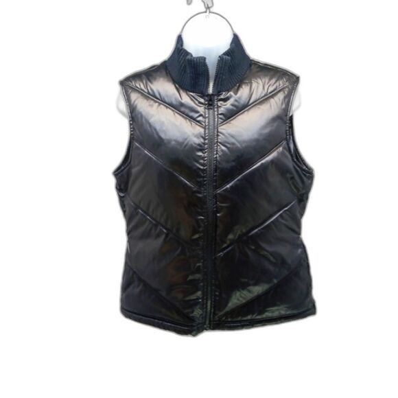 Old Navy Y2k Fleeced Lined Quilted Puffer Zip Up Vest. Woman's M Glossy Black... - Picture 1 of 14